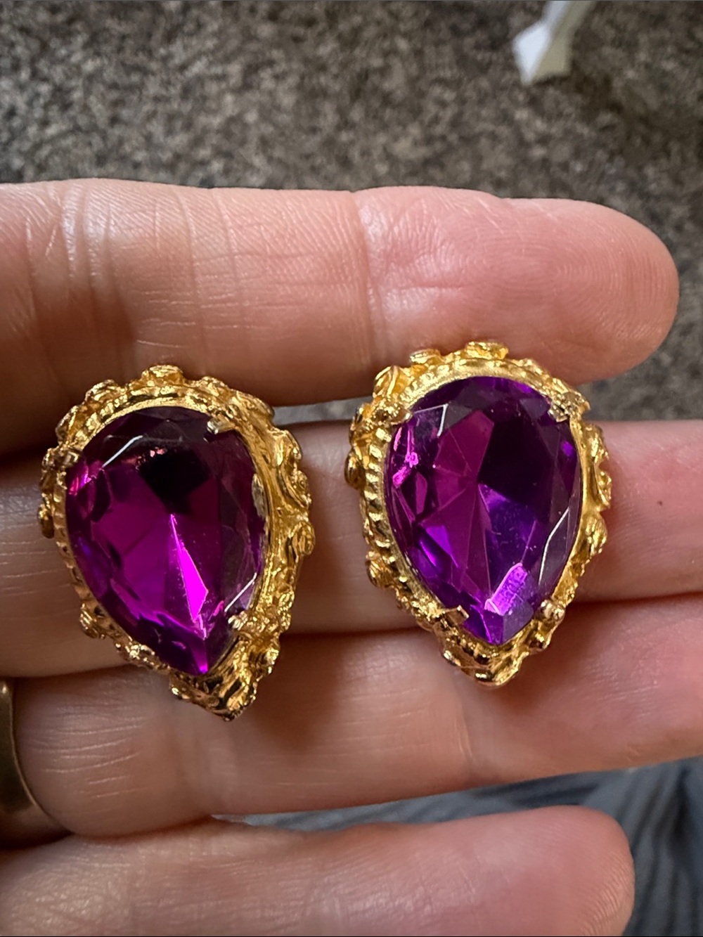 Vintage Gold-Tone Purple Teardrop Statement Earrings